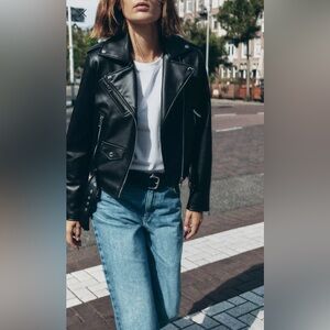 Zara FAUX LEATHER BIKER JACKET Metallic Details NEW (without tags) XL